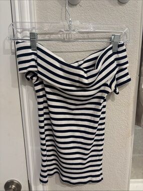 Striped Off-Shoulder Ribbed Knit Top - Navy & White